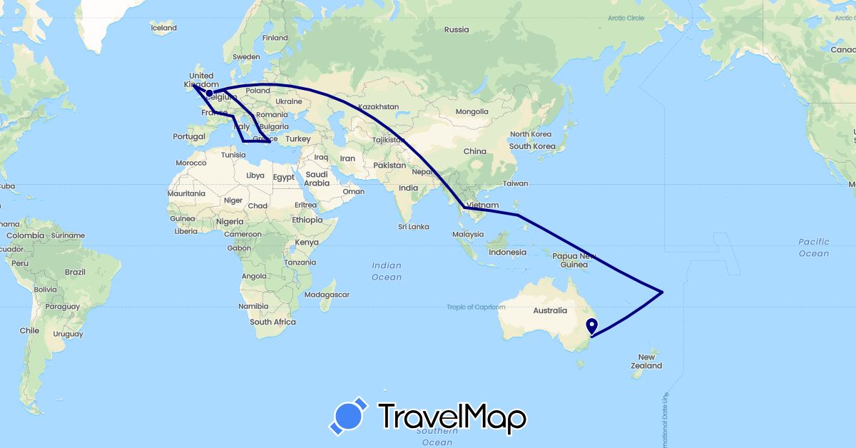 TravelMap itinerary: driving in Albania, Australia, Fiji, France, United Kingdom, Greece, Croatia, Ireland, Italy, Netherlands, Philippines, Thailand (Asia, Europe, Oceania)